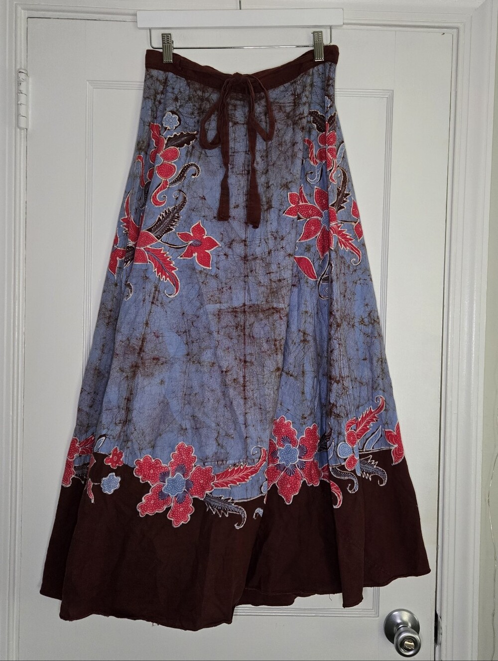 Batik Floral Maxi Wrap Skirt Blue Brown Red Boho One Size Cottagecore Indie